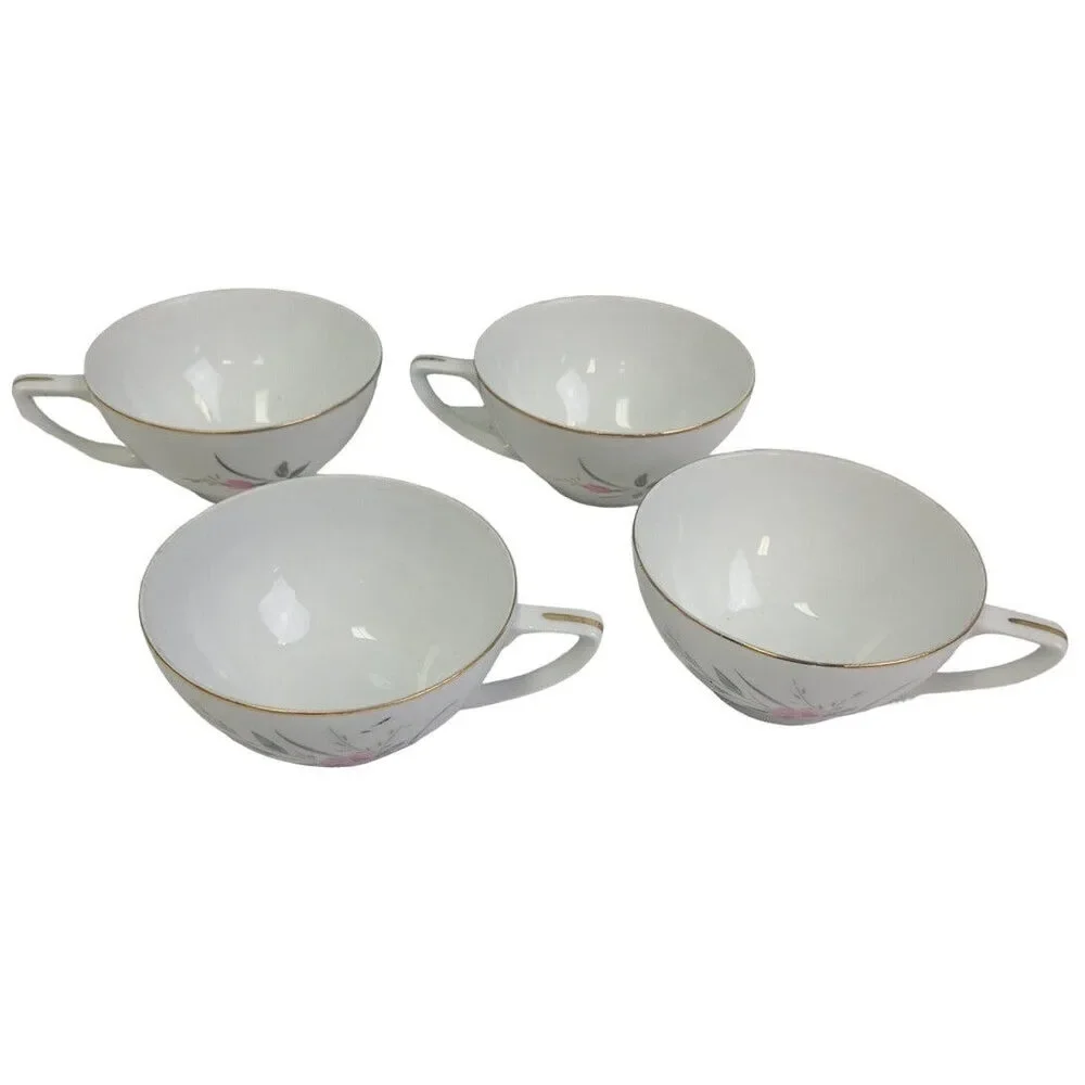 Set of 4 Vintage Golden Rose Flower Gold Rim Fine China Japan Teacups Saucers